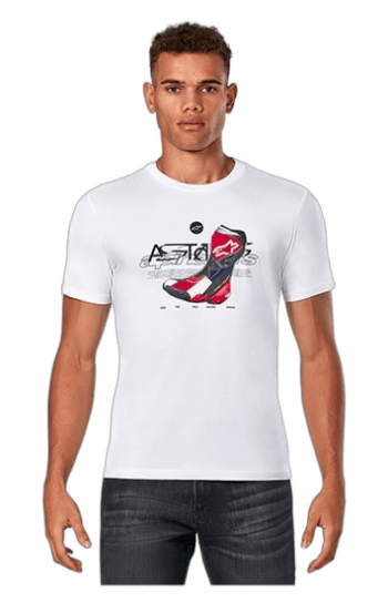 Young man wearing a white Grand Prix Racewear T-shirt with racing graphics, standing against a plain background.