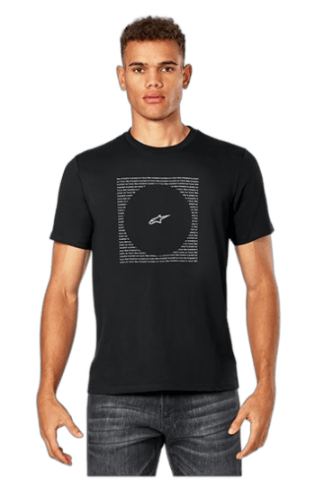 Young man wearing a black Grand Prix Racewear T-shirt with a clock graphic, standing against a plain background.