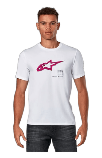 Young man wearing a white Grand Prix Racewear T-shirt with a pink and purple logo, standing against a plain background.