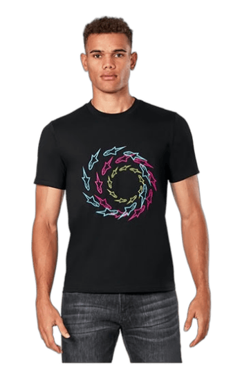Young male model wearing a black Grand Prix Racewear T-shirt with colourful spiral design, showcasing racing apparel for motorsport enthusiasts.