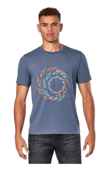 Men's blue Grand Prix Racewear T-shirt with colourful racing arrow design, perfect for motorsport enthusiasts.