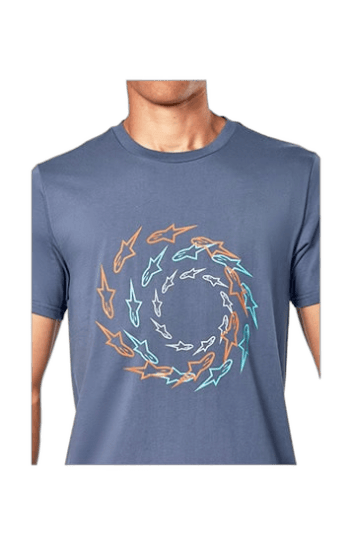 Men's blue Grand Prix Racewear T-shirt with a circular graphic of stylised racing helmets in orange and blue.