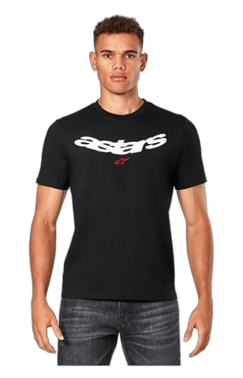 Young male model wearing a black Grand Prix Racewear T-shirt with white logo, showcasing racing apparel for motorsport enthusiasts.