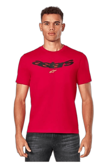 Young man wearing a red Grand Prix Racewear T-shirt with black logo, standing against a white background.
