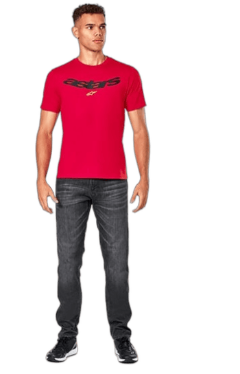 Man wearing a red Grand Prix Racewear T-shirt with black logo, standing against a plain background.