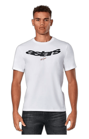 Young man wearing a white Grand Prix Racewear T-shirt with black logo, standing against a plain background.