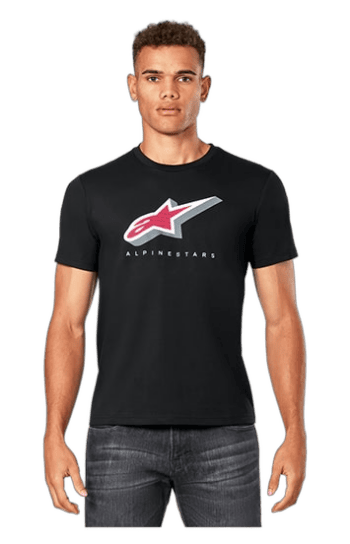 Young man wearing a black Alpinestars T-shirt with logo, standing against a plain background.