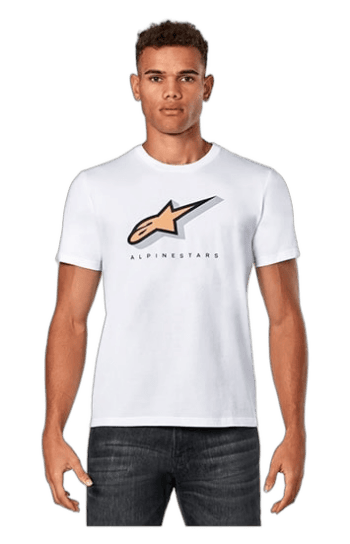 Young man wearing a white Alpinestars T-shirt with logo, casual style, front view, isolated on white background.