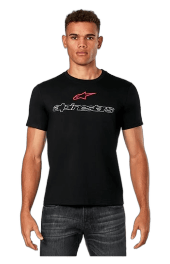 Young man wearing a black Alpinestars T-shirt with logo, standing against a plain background.