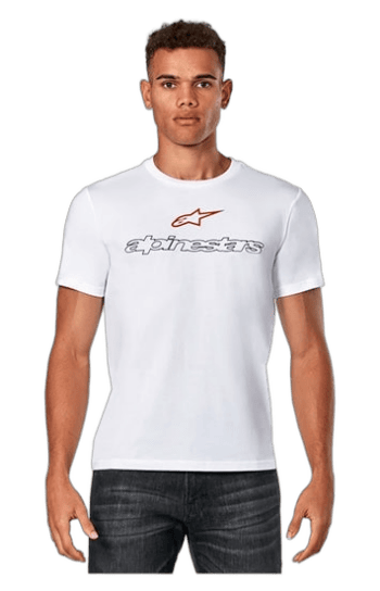 Young man wearing a white Grand Prix Racewear T-shirt with Alpinestars logo, standing against a plain background.