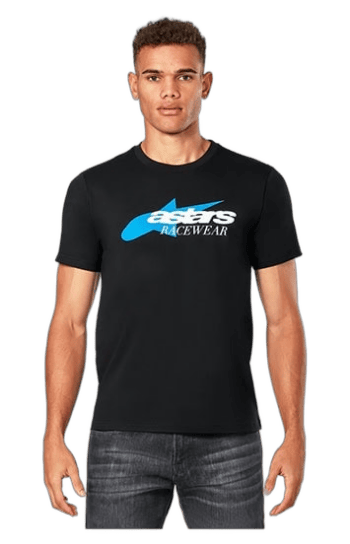 Young man wearing a black Grand Prix Racewear T-shirt with blue logo, standing confidently against a plain background.