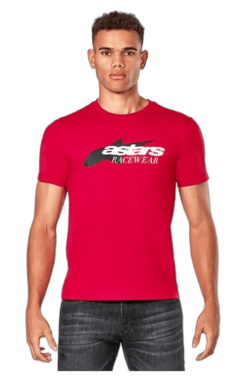 Young man wearing a red Grand Prix Racewear T-shirt with logo, standing against a plain background.
