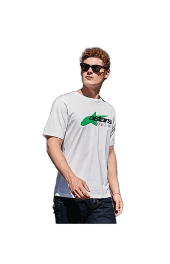 Young man wearing a white Grand Prix Racewear T-shirt with green and black logo, sunglasses, and casual jeans, standing confidently.