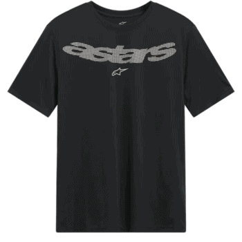 Black Alpinestars T-shirt with grey logo, ideal for motorsport fans and racewear enthusiasts.