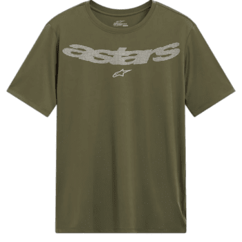 Green Alpinestars racing T-shirt with white logo, designed for motorsport enthusiasts and racewear fans.
