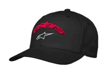 Black racing cap with pink 'Alpinestars' logo and white star emblem, designed for motorsport enthusiasts.