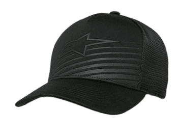 Black racing cap with Alpinestars logo and striped design, ideal for motorsport enthusiasts and racewear fans.