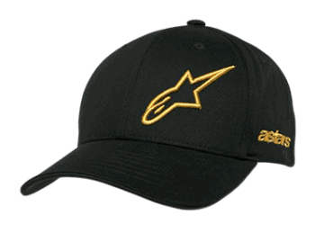 Black racing cap with gold embroidered Alpinestars logo and branding, ideal for motorsport enthusiasts and racewear fans.