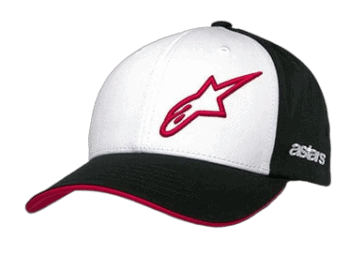 Grand Prix Racewear branded racing cap with white, black, and red design, featuring the Alpinestars logo on the front.