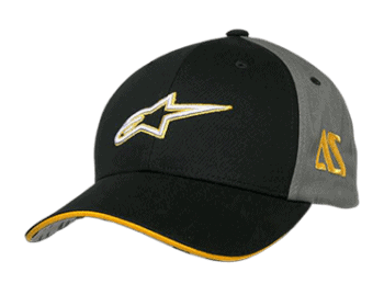 Black and grey Grand Prix Racewear cap with Alpinestars logo and yellow accents, designed for motorsport enthusiasts.