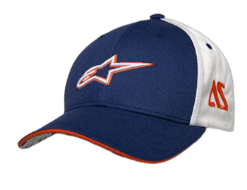 Grand Prix Racewear cap featuring a blue front, white side panels, and orange accents, including the number 46 and a star logo, ideal for motorsport enthusiasts.