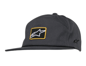 Black Alpinestars cap with yellow and white logo, designed for motorsport enthusiasts and racewear fans.