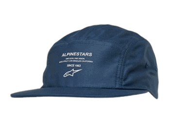Alpinestars racing cap in navy blue with white logo and text, designed for motorsport enthusiasts and racewear fans.