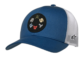 Blue and white Grand Prix Racewear cap with logo patch and mesh back for motorsport enthusiasts.