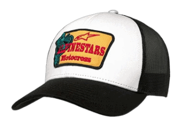 Grand Prix Racewear trucker cap with Dynastars Motocross logo, black and white design, adjustable mesh back, ideal for motocross enthusiasts and racewear fans.