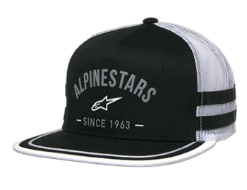Alpinestars racing cap with black and white design, featuring logo and 'Since 1963' text, ideal for motorsport enthusiasts and racewear fans.