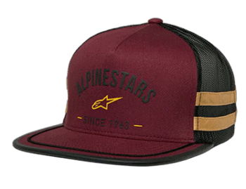 Alpinestars branded trucker cap with maroon front, black mesh back, and beige stripe detail, featuring Alpinestars logo and 'Since 1963' text.