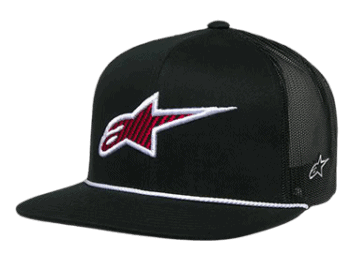 Black Alpinestars cap with red and white logo, mesh back, and flat brim, ideal for motorsport enthusiasts and racewear fans.