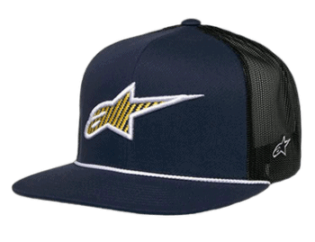 Grand Prix Racewear branded cap featuring a navy blue front, white and yellow logo, and a black mesh back, ideal for motorsport enthusiasts.
