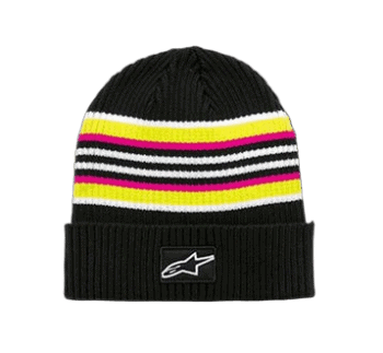 Black knit beanie hat with colourful stripes and Alpinestars logo, ideal for motorsport fans and racewear enthusiasts.