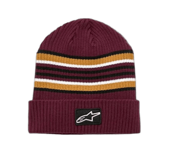Maroon and yellow striped knit beanie with Alpinestars logo, ideal for motorsport fans and racewear enthusiasts.