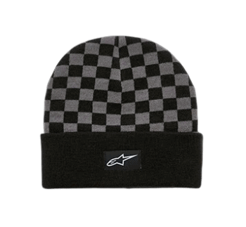 Black and grey checkered racing beanie with Alpinestars logo, ideal for motorsport enthusiasts and racewear fans.