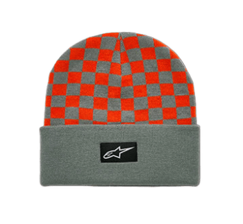 Red and grey checkered racing beanie hat with Alpinestars logo, ideal for motorsport enthusiasts.