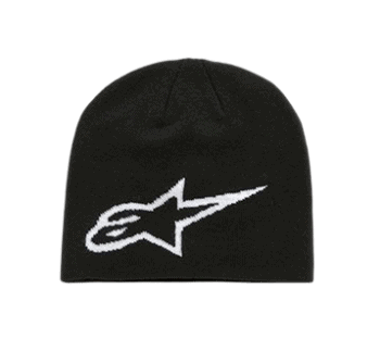 Black racing beanie with white Alpinestars logo, ideal for motorsport enthusiasts and racewear fans.