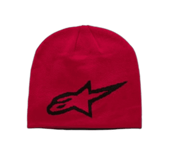Red Alpinestars racing beanie hat with black logo, ideal for motorsport enthusiasts and racewear fans.