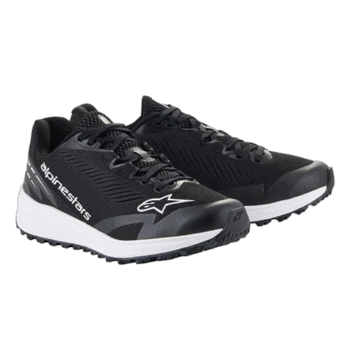 Black Alpinestars racing shoes with white sole and logo, designed for motorsport enthusiasts.