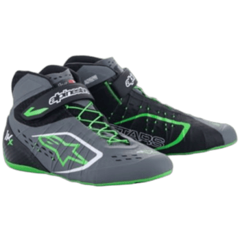 High-performance racing shoes from Grand Prix Racewear with black, grey, and green design, ideal for motorsport enthusiasts and professional racers.