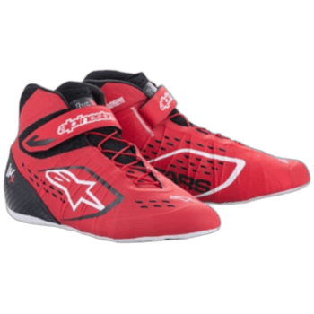 Red Grand Prix racing shoes with black and white accents, designed for motorsport enthusiasts and professional drivers.