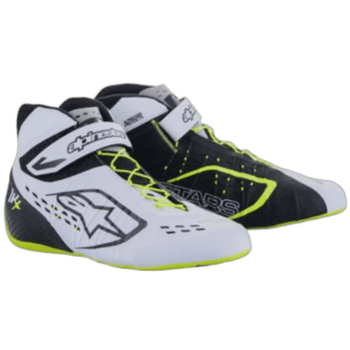 High-performance racing shoes from Grand Prix Racewear with black, white, and neon yellow accents, designed for motorsport enthusiasts and professional drivers.