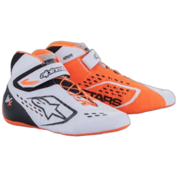 Grand Prix racing shoes in orange, white, and black with branding and protective features for motorsport performance.