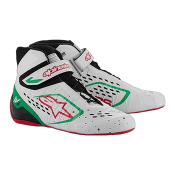 Alpinestars Grand Prix racing shoes with white, green, and red design for motorsport enthusiasts.