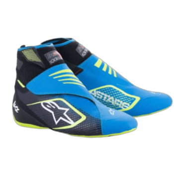 Blue and black racing shoes with yellow accents from Grand Prix Racewear, designed for motorsport enthusiasts and professional drivers.