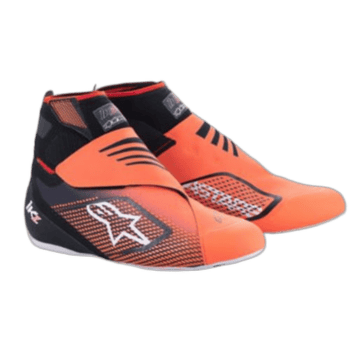 Orange and black Grand Prix racing shoes with aerodynamic design and branding for motorsport enthusiasts.