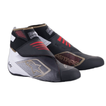 Grand Prix Racewear racing shoes with black, red, and white design, featuring Alpinestars logo for motorsport enthusiasts.
