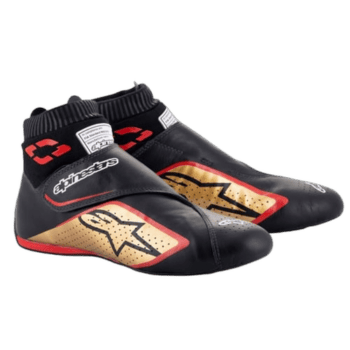 Grand Prix Racewear racing shoes designed for motorsport enthusiasts, featuring a sleek black and gold colour scheme with red accents and high-performance materials.