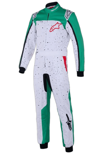 Grand Prix Racewear racing suit in green, white, and black with Alpinestars logo, designed for motorsport enthusiasts and professional racers.